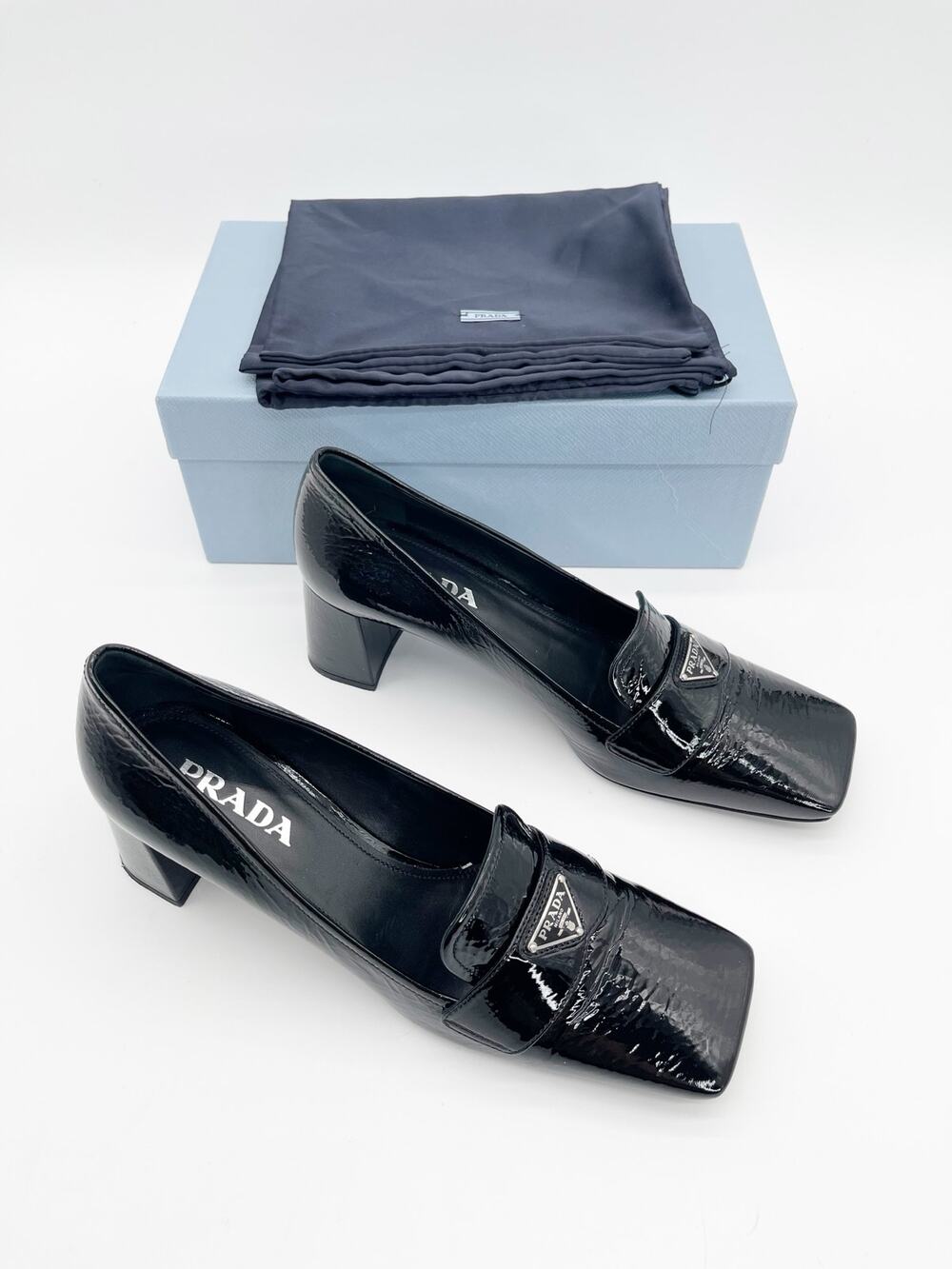 Prada Naplak Black Patent Leather Triangle Logo Square Toe Pumps Heels IT 41